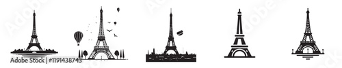 vector set of eiffel tower silhouette icons