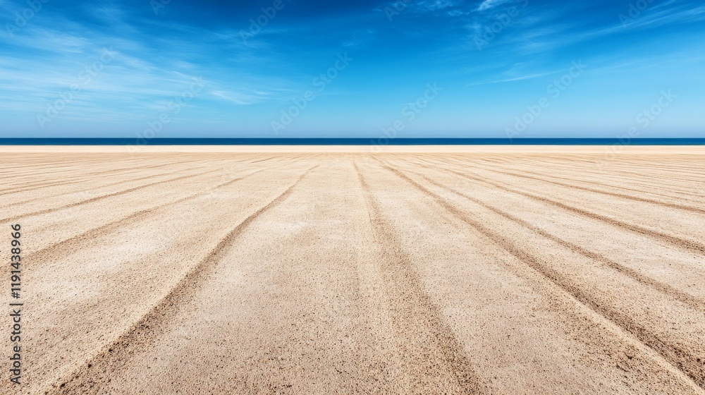 Beach Serenity: Parallel lines etched in the sand lead to a calm ocean under a vibrant blue sky, a picturesque scene of coastal tranquility. Beach Serenity: Parallel lines etched in the sand lead to a calm ocean under a vibrant blue sky, a picturesque scene of coastal tranquility.