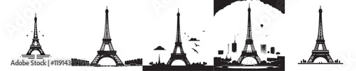 vector set of eiffel tower silhouette icons