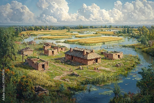 Birdseye view of an Aztec agricultural village with fields of maize chinampas and rivers winding through the landscape