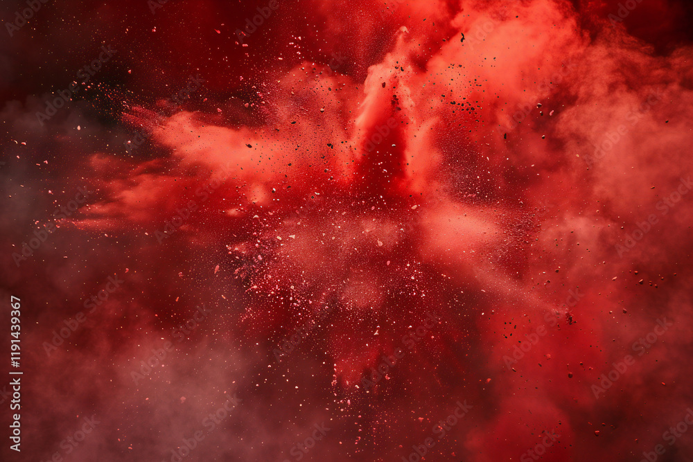 Dramatic Red Explosion with Smoke Clouds and Dust Particles, Abstract Art Scene with Fiery Burst and Intense Color Dramatic Red Explosion with Smoke Clouds and Dust Particles, Abstract Art Scene with Fiery Burst and Intense Color