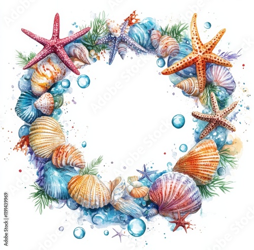 Colorful seashells and starfish in watercolor design, frame with copy space for text, underwater theme photo
