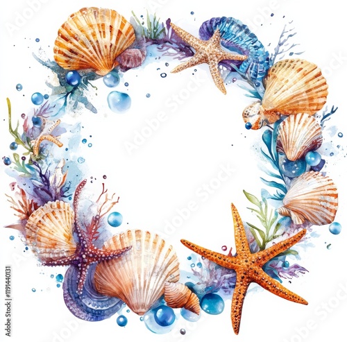 Colorful seashells and starfish in watercolor design, frame with copy space for text, underwater theme photo