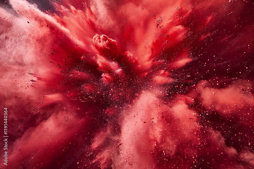 Dramatic Red Explosion with Smoke Clouds and Dust Particles, Abstract Art Scene with Fiery Burst and Intense Color Dramatic Red Explosion with Smoke Clouds and Dust Particles, Abstract Art Scene with Fiery Burst and Intense Color