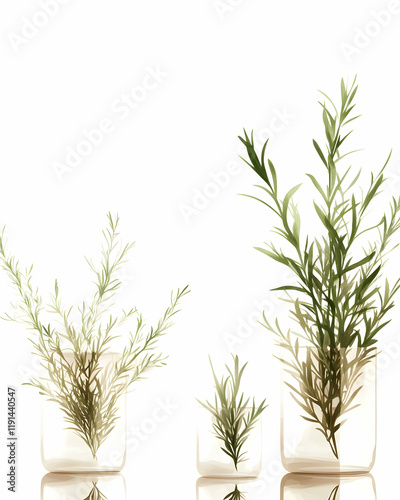 Wallpaper Mural Three rosemary plants in square glass vases on white background; growth, nature, freshness concept; ideal for websites, blogs, or packaging Torontodigital.ca