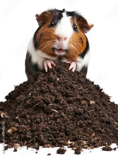 Curious Guinea Pig Exploring a Soil Pile in a Playful Gardening Scene photo