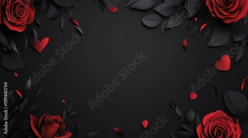 Dark red roses, hearts, leaves frame, black background, Valentines photo