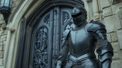 Medieval Knight Stands Before Ancient Castle Door