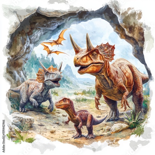 Prehistoric dinosaur family in cave, landscape background, children's book illustration