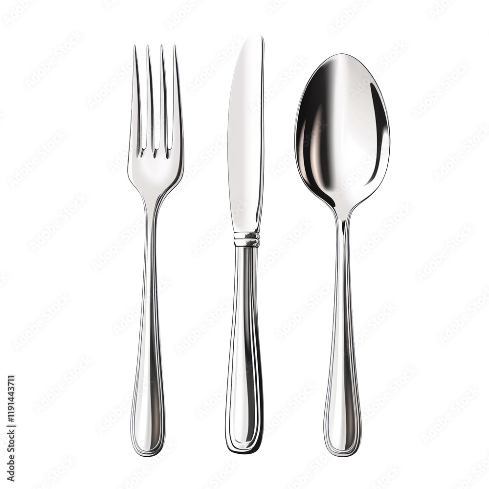 Silver Fork Knife Spoon Set Isolated on Transparent Background Silver Fork Knife Spoon Set Isolated on Transparent Background