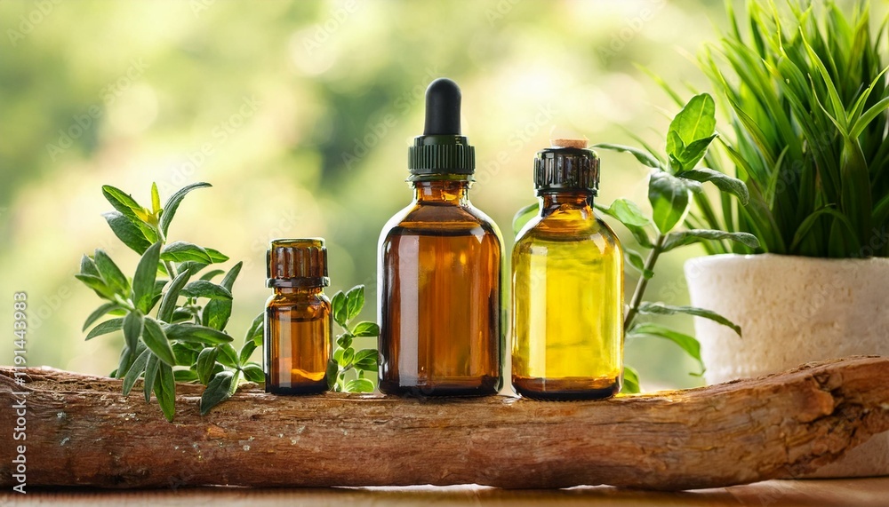 Generated image aromatherapy concept, featuring glass bottles filled with essential oils with decorative Generated image aromatherapy concept, featuring glass bottles filled with essential oils with decorative