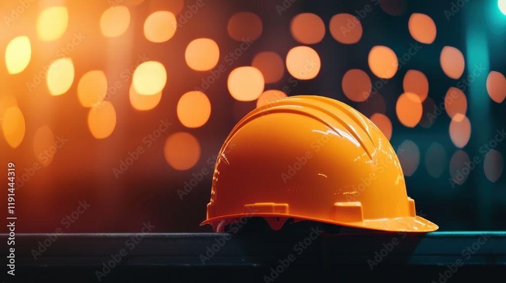 Bright Orange Safety Helmet on a Surface with Warm Bokeh Background Illuminated by Soft Lights at Night Bright Orange Safety Helmet on a Surface with Warm Bokeh Background Illuminated by Soft Lights at Night