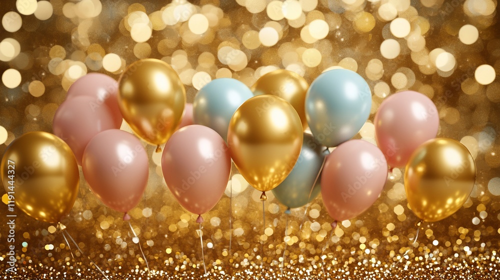 Gold, pink, and blue balloons on a glittering background. Gold, pink, and blue balloons on a glittering background.