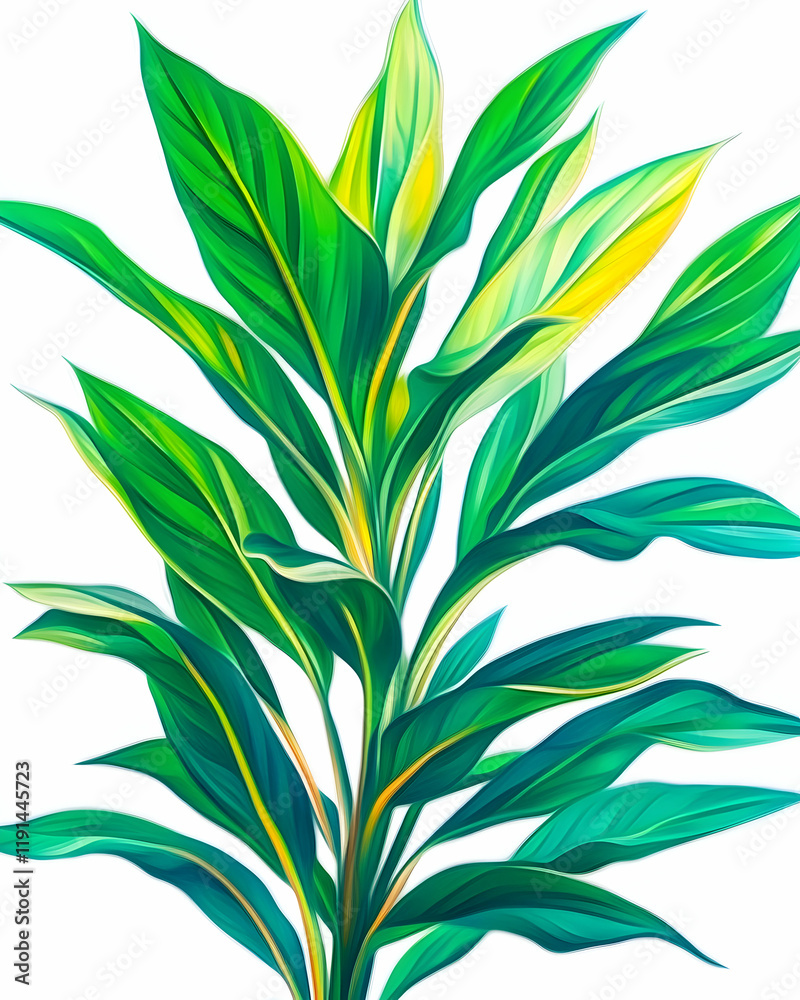 Obraz premium Vibrant tropical plant leaves against white background; ideal for home decor or design projects