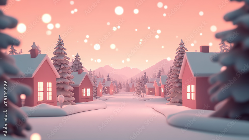 Fototapeta premium Cartoon winter scene with houses christmas trees and open center