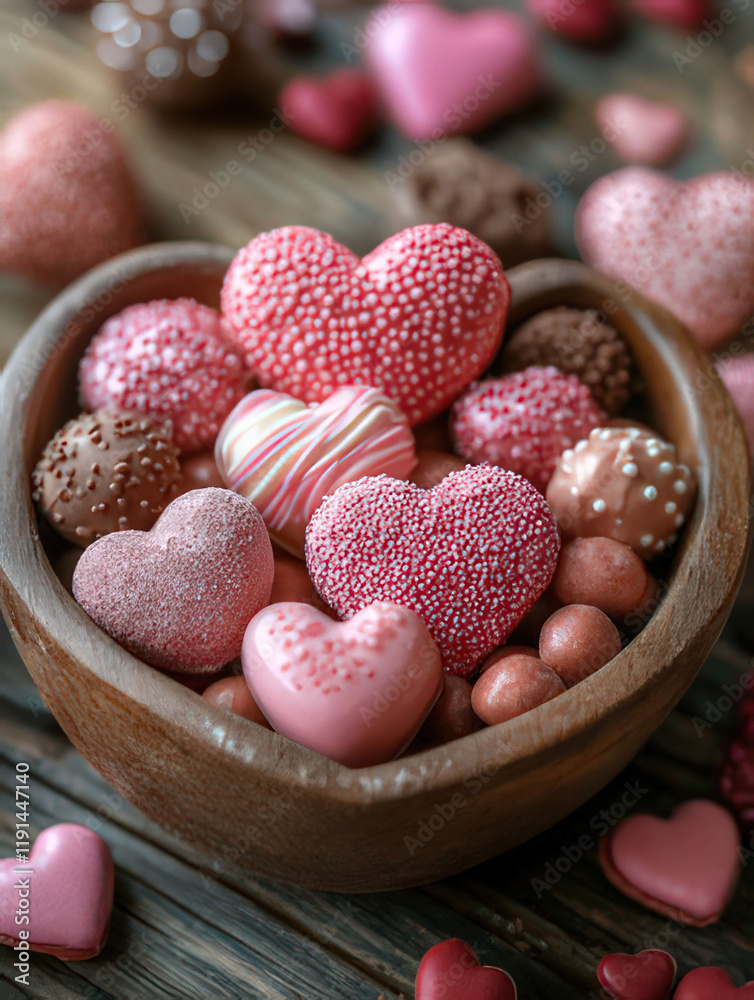 Close-up of a delectable assortment of heart-shaped chocolates., Valentine's Day Card, Valentine's Day Background Close-up of a delectable assortment of heart-shaped chocolates., Valentine's Day Card, Valentine's Day Background