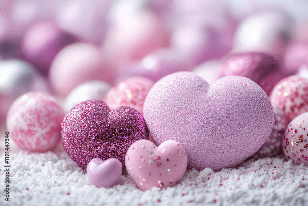 Obraz premium Romantic Pink Hearts and Ornaments on a Snow-Like Surface