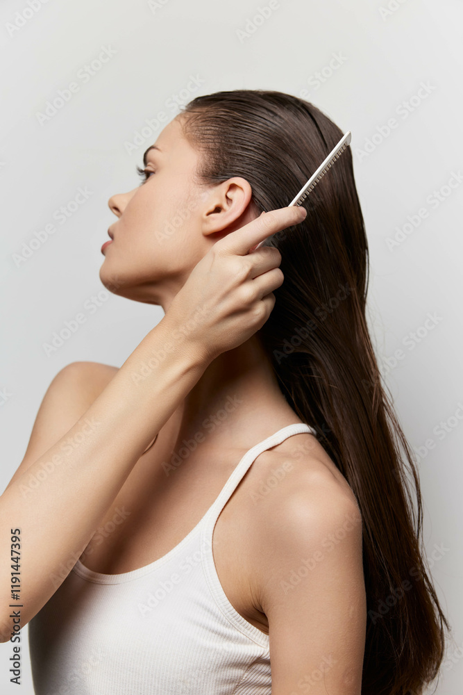 Woman grooming her long hair with a comb, showcasing a sleek hairstyle against a minimalist white background, emphasizing beauty and self care for a fresh look Woman grooming her long hair with a comb, showcasing a sleek hairstyle against a minimalist white background, emphasizing beauty and self care for a fresh look