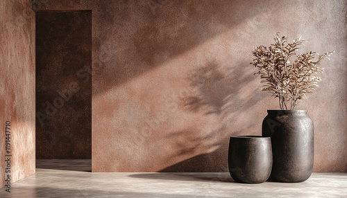 minimalist luxury interior with benjamin moore cinnamon slate color, with references from Pantone 2025 Mocha Mousse Color.