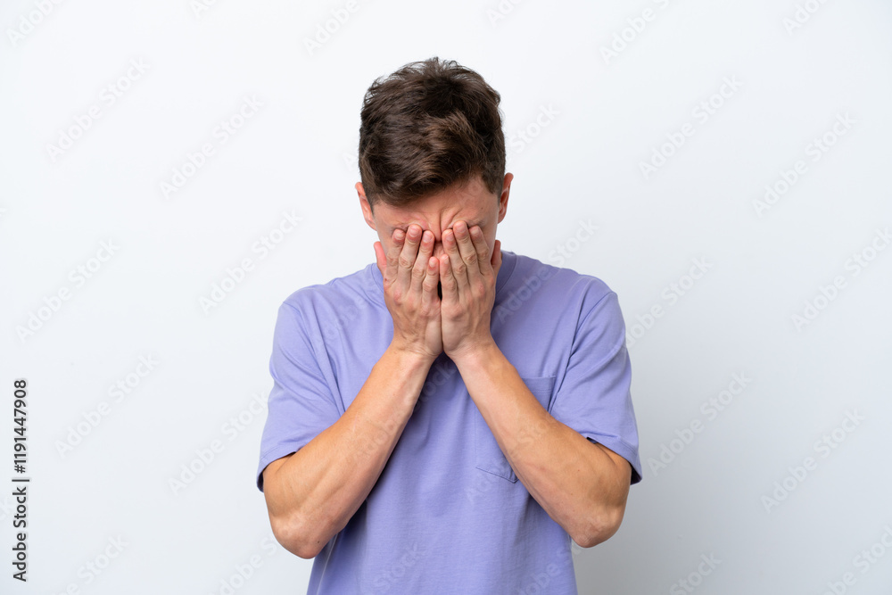 Young handsome Brazilian man isolated on white background with tired and sick expression Young handsome Brazilian man isolated on white background with tired and sick expression