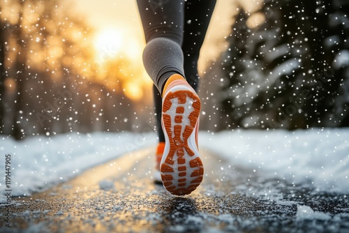 Back View of Woman's Legs Jogging in Snow with Sport Shoes – Winter Exercise, Fitness, Snowy Background, Active Lifestyle, Outdoor Running in Cold Weather photo