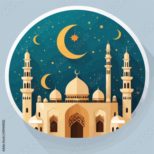 Ramadan month, Islamic Mosque Moon Silhouettes design of Eid al-Fitr Background, Starry Galaxy sky Night, Crescent Moon on Mosque Dome.