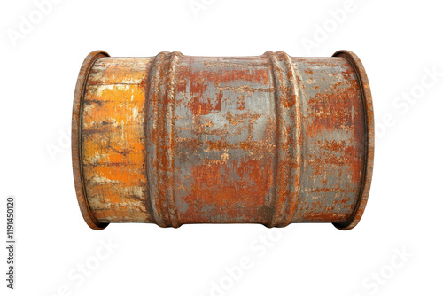 Rusty metal barrel with weathered paint and peeling surface in a distressed state photo