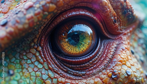 Close-up of a reptilian eye, incredibly detailed texture and vibrant colors reflecting a surreal landscape in the pupil. photo