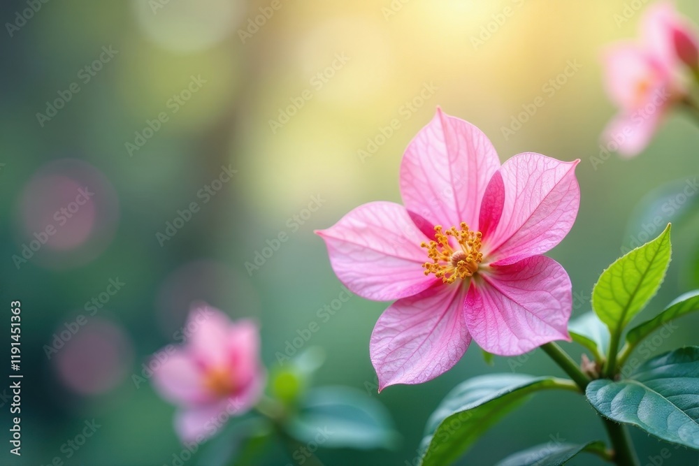 Fototapeta premium Pastel watercolor blooms, soft focus, blurred leaves, airy, gentle