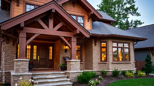Luxury Craftsman Home Exterior at Dusk: Stone, Wood, and Modern Design photo