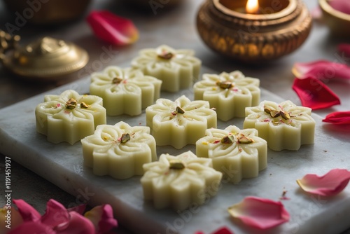 Elegant Sandesh Floral Designs with Pistachio and Saffron Garnish Styled with Rose Petals and Diya photo