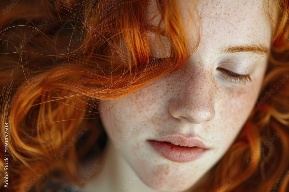 Close up portrait of a redhead model with freckles closing her eyes, showcasing her long, flowing hair Close up portrait of a redhead model with freckles closing her eyes, showcasing her long, flowing hair
