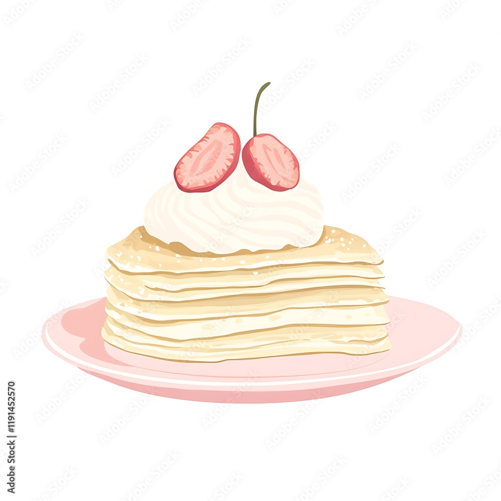 Flat illustration of a gâteau de crêpes, featuring a minimalist design in soft pastel colors against a clean white background. Perfect for food blogs, menus, or culinary projects. Flat illustration of a gâteau de crêpes, featuring a minimalist design in soft pastel colors against a clean white background. Perfect for food blogs, menus, or culinary projects.