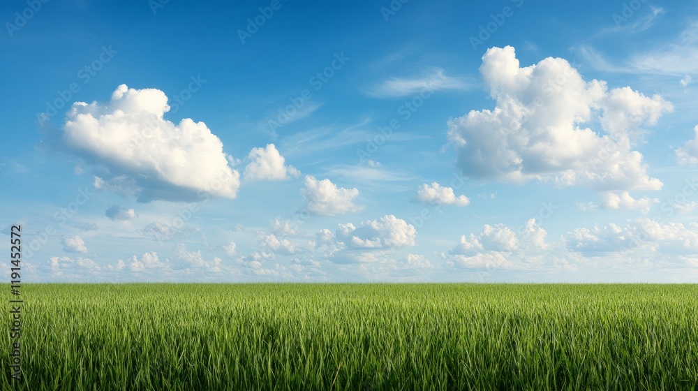 Serene Summer Field: A picturesque landscape of a vast, vibrant green field stretching to the horizon under a brilliant blue sky dotted with fluffy white cumulus clouds. Serene Summer Field: A picturesque landscape of a vast, vibrant green field stretching to the horizon under a brilliant blue sky dotted with fluffy white cumulus clouds.
