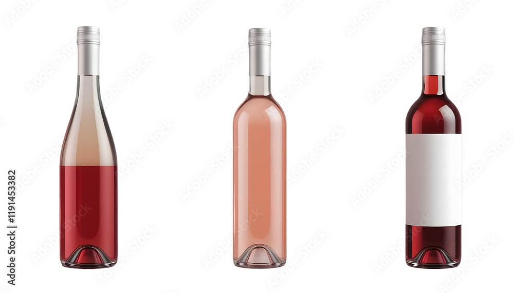 White, pink, and red wine bottles isolated on transparent background White, pink, and red wine bottles isolated on transparent background