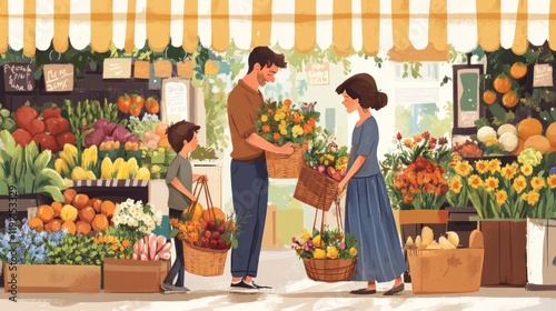 A Family Shopping at an Outdoor Market Filled with Colorful Flowers and Fresh Produce
