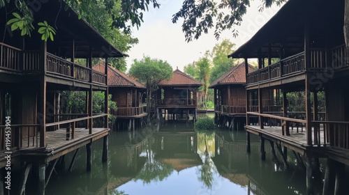 Wooden Cabins on a Serene River