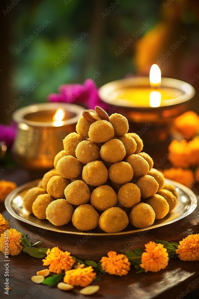 Obraz premium Golden Besan Laddoos on Brass Plate Styled with Marigold Garlands and Festive Decor