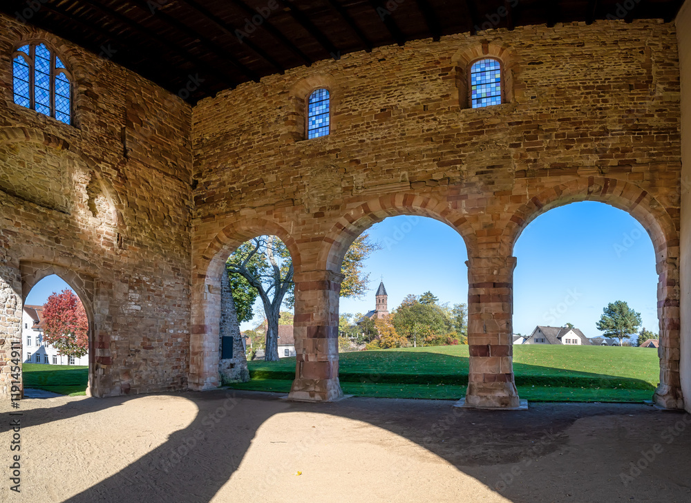 Obraz premium View from the church ruin in the monastery garden of Lorsch, Bergstrasse, Hesse, Germany