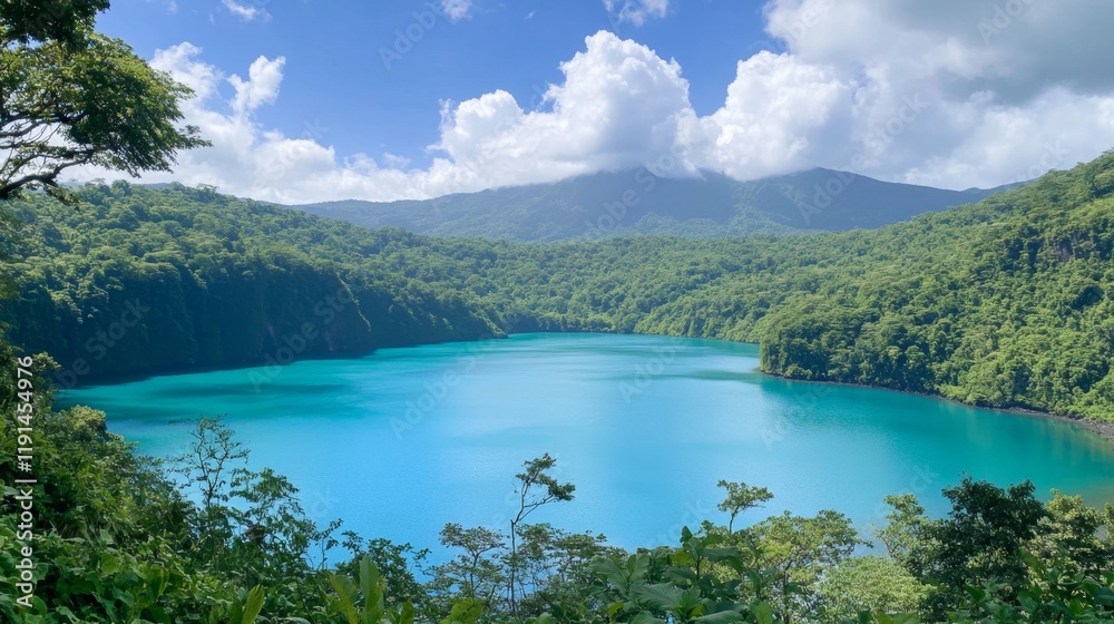 Fototapeta premium Serene Turquoise Lake Nestled in Lush Mountains