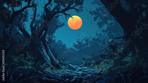 Forest Path Illuminated by a Large Orange Moon at Night