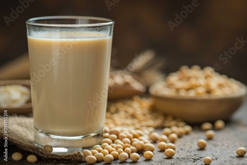 Soy milk in a glass sits on a rustic table surrounded by soybeans, offering a healthy and refreshing plant based beverage option photo