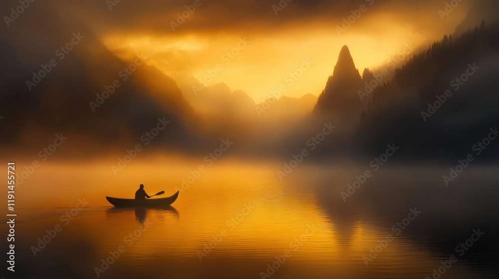 Fototapeta premium Mystical kayak adventure at sunrise on calm lake