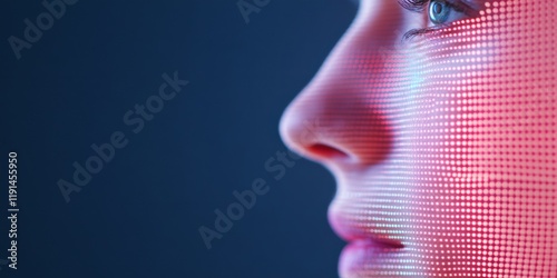 Neon Glow Close-up Profile Portrait on Digital Screen Grid in Virtual Environment photo