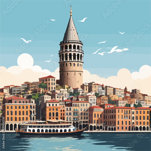 Galata Tower in Istanbul, Turkey,famous Turkish landmark,tourism destination,architecture of Istanbul,vector illustration