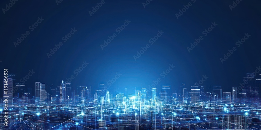 Futuristic Digital Cityscape with Glowing Network Connections at Night Futuristic Digital Cityscape with Glowing Network Connections at Night