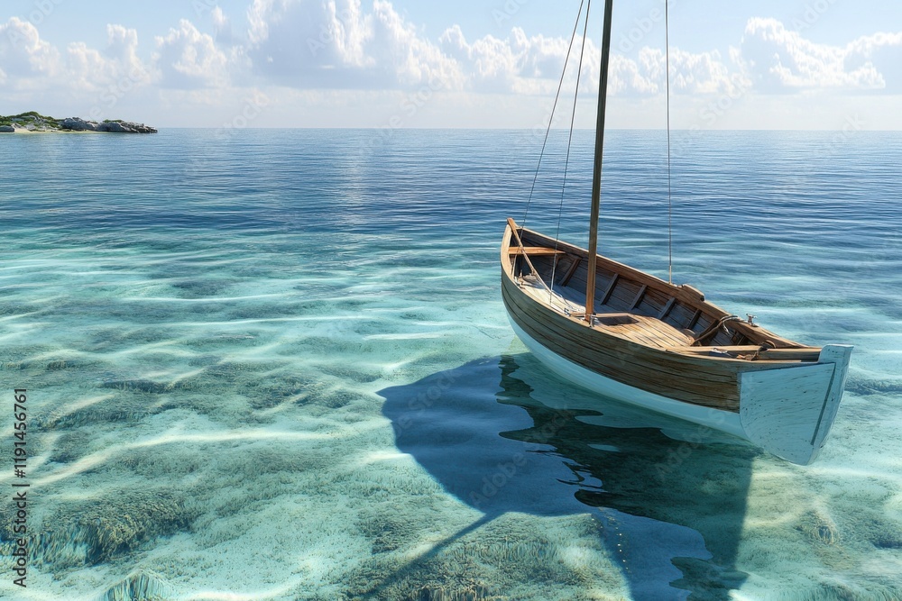 Clear tranquil tropical waters capture sailboat with soft lighting Clear tranquil tropical waters capture sailboat with soft lighting