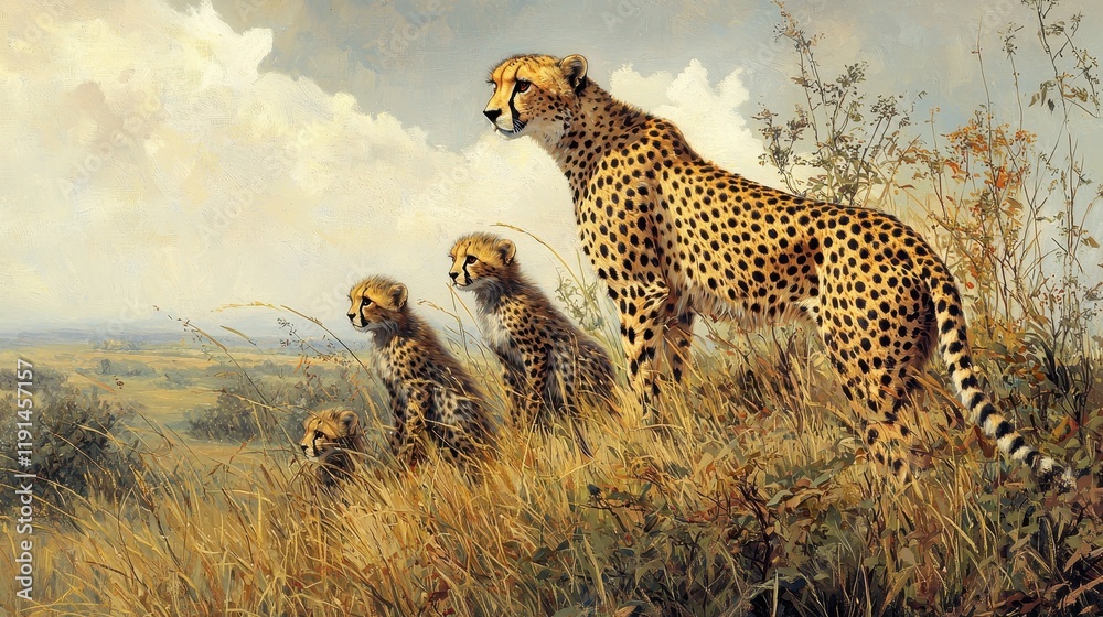 Cheetah Cubs and Their Protective Mother Cheetah Cubs and Their Protective Mother