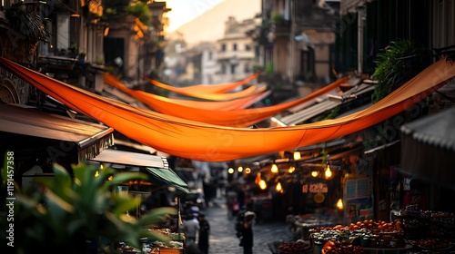 Orange awnings shade bustling Asian market street at sunset