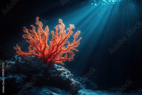 Vivid detailed image of deepsea gorgonian coral in spotlight